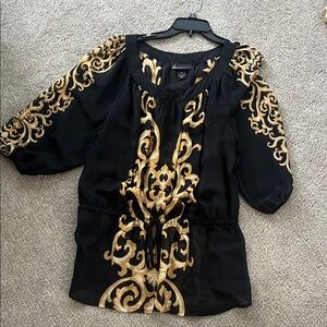 Lane Bryant Black Peasant Blouse with Gold Baroque Print